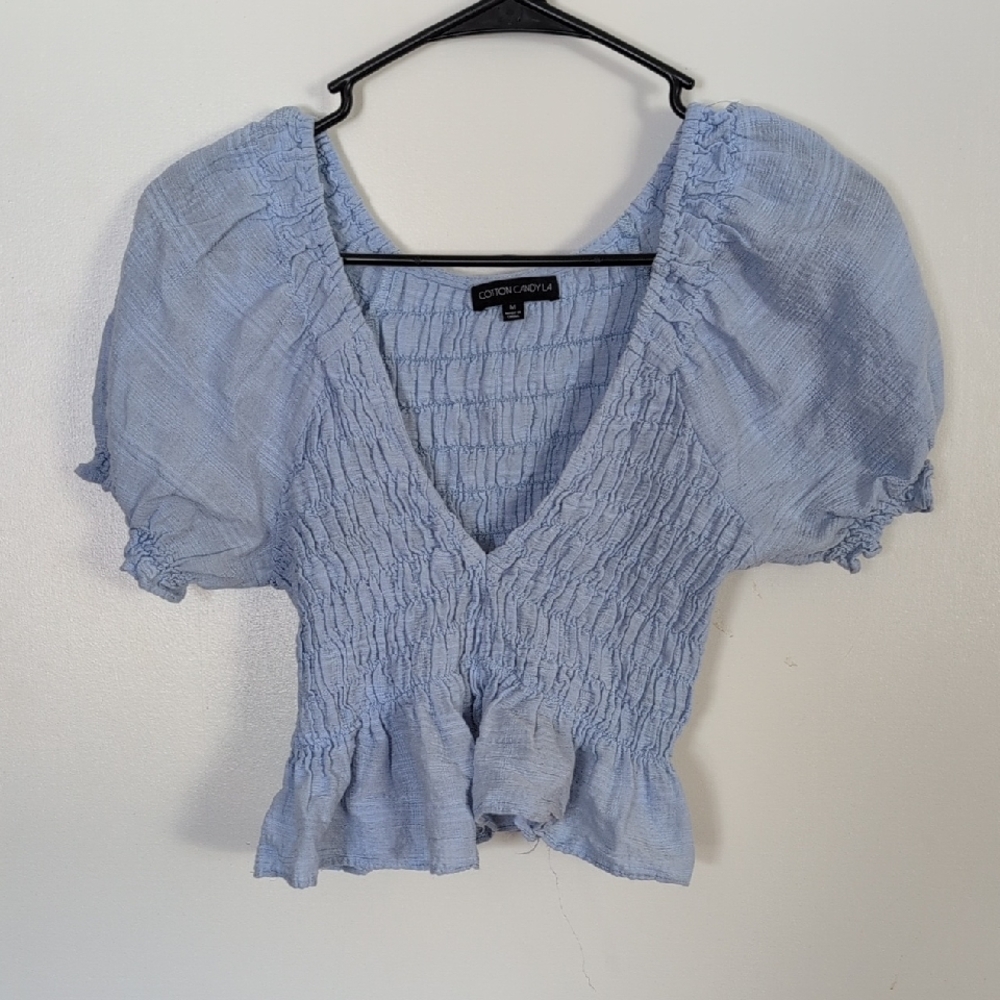 Cotton Candy Light Blue Smocked Puff Sleeve Blouse